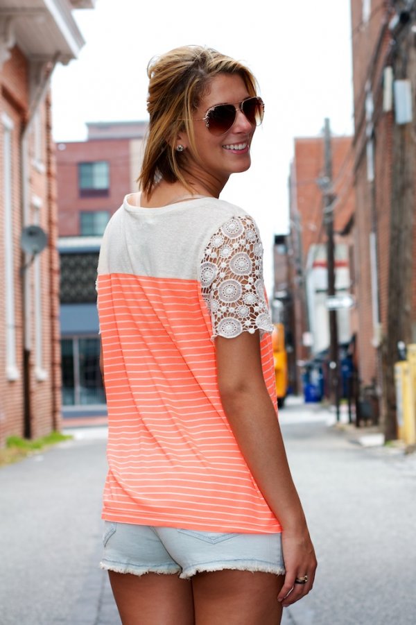 Umgee USA Crochet Sleeve Striped Top