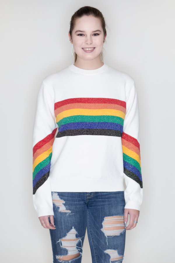 White sweatshirt with rainbow stripe 2025