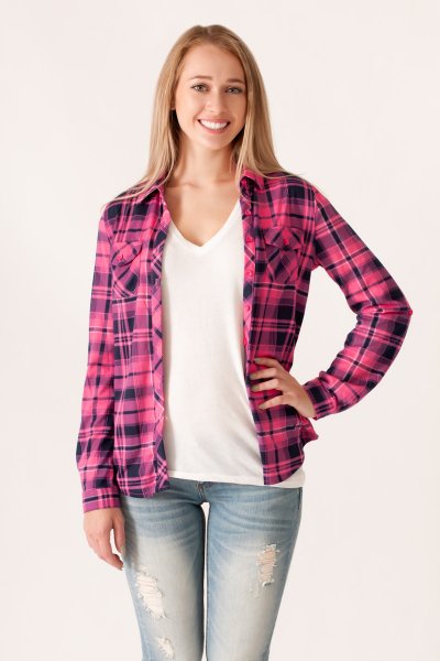 Pink and Navy Plaid Button Down