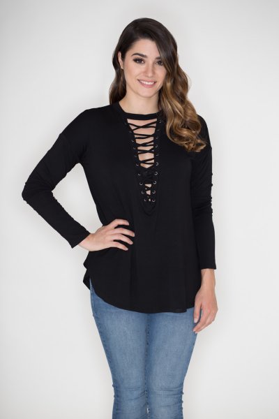 Lace Up V-Neck Top by Cherish