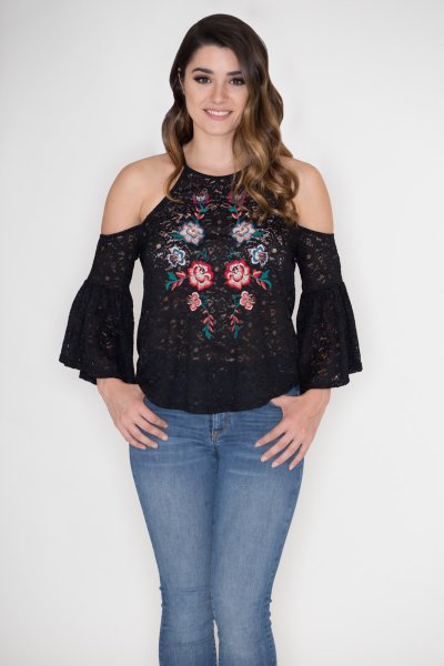 Embroidered Cold Shoulder Top by Flying Tomato