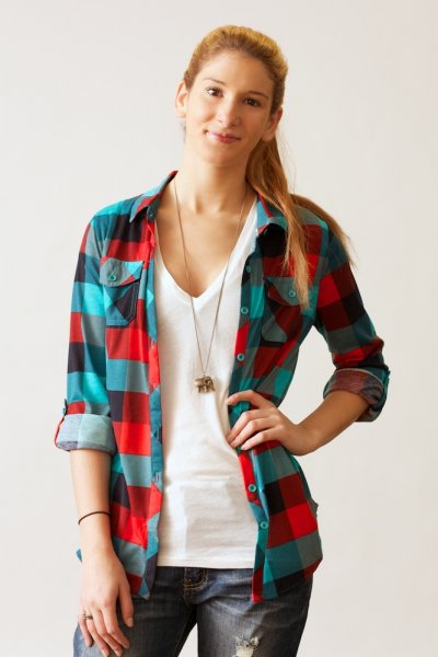 Mint And Red Plaid Button Down by Win Win