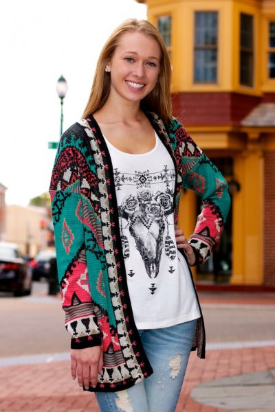 Geometric Print Sweater Cardigan by Flying Tomato