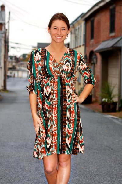 Three Quarter Sleeve Tribal Print Surplice Dress by My Story