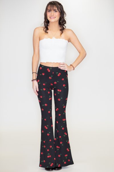 Cherry Print Flare Pants by Bear Dance