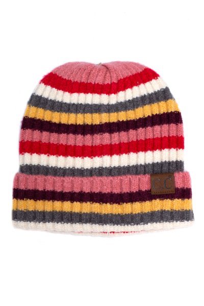 Coral Striped Ribbed Beanie by C.C.