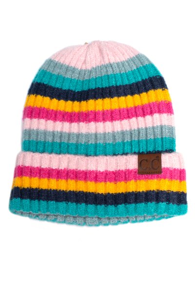 Pink Striped Ribbed Beanie by C.C.