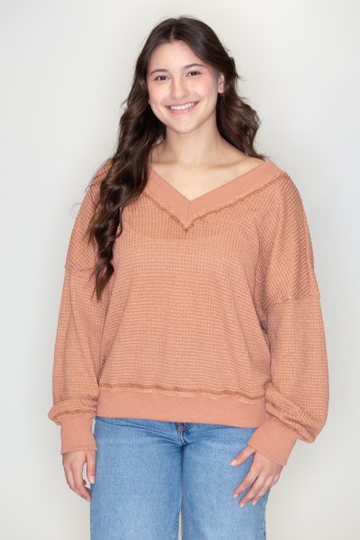 V-Neck Waffle Knit Top by La Miel