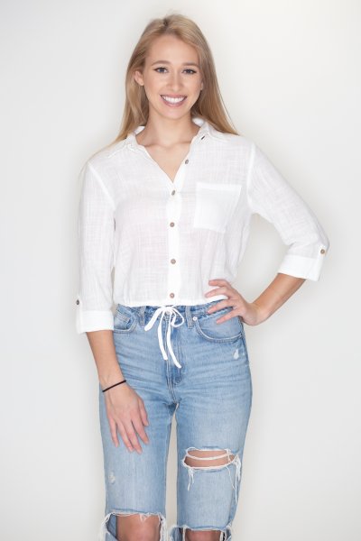 Drawstring Button Down Top by Timing
