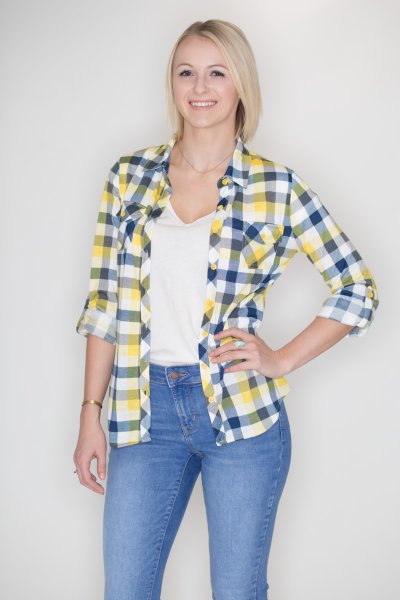 Yellow And Navy Plaid Button Down by Win Win