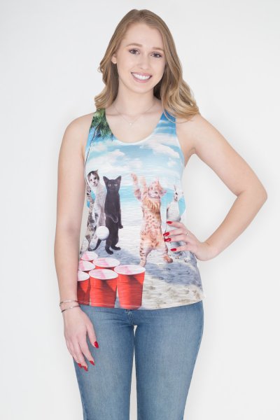 Cat Beer Pong Tank Top by Bear Dance