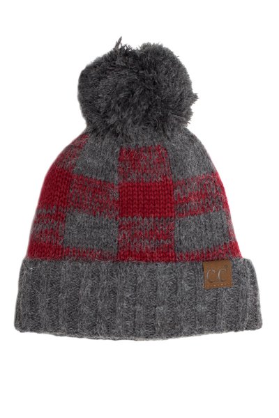 Grey Buffalo Check Pom Beanie by C.C.