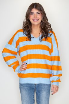 Oversized Striped V-Neck Sweater by Double Zero