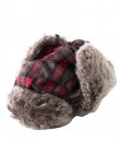 Red and grey plaid faux fur lined trapper hat with clasp fastener.